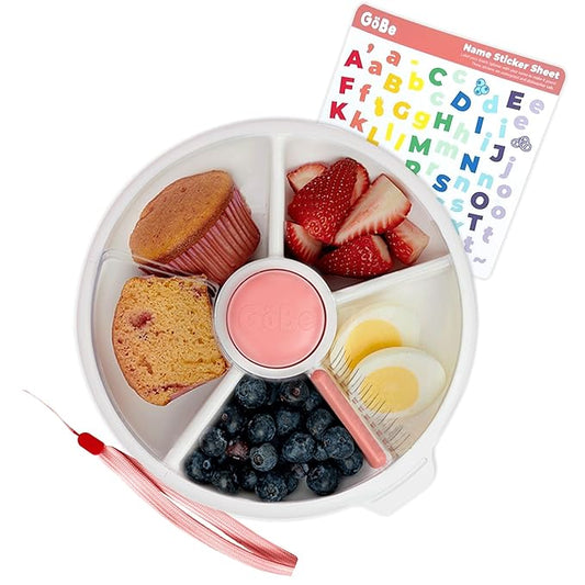GoBe Kids Large Snack Spinner Slide Bundle with Hand Strap and Sticker Sheet - Reusable Snack Container with 4 Compartment Dispenser and Lid | BPA/PVC Free | Dishwasher Safe | No Spill - Coral Pink