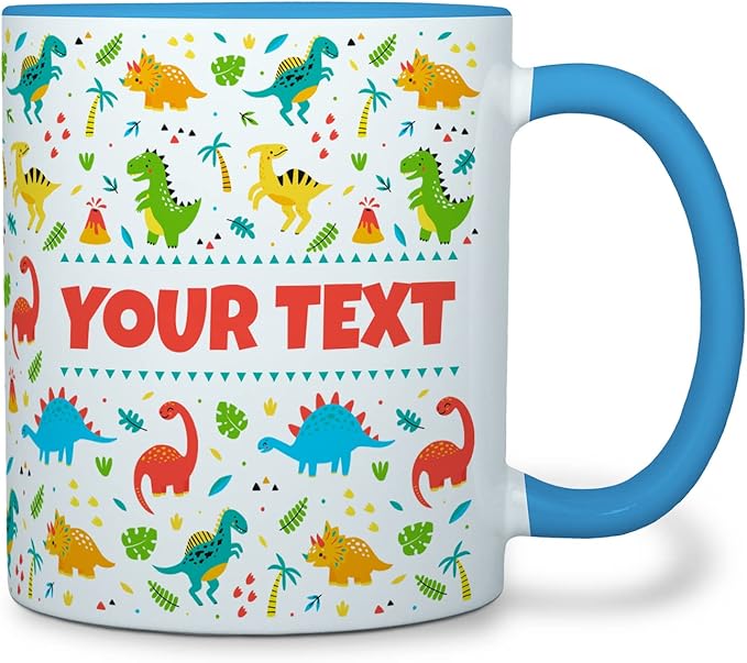 Personalized Mug for Kids - Dinosaurs - Custom Name/Text, Ceramic Hot Chocolate/Cocoa/Coffee Cup for Boys/Girls, Birthday/Christmas/Holiday Gift - 11 oz, Light Blue Handle