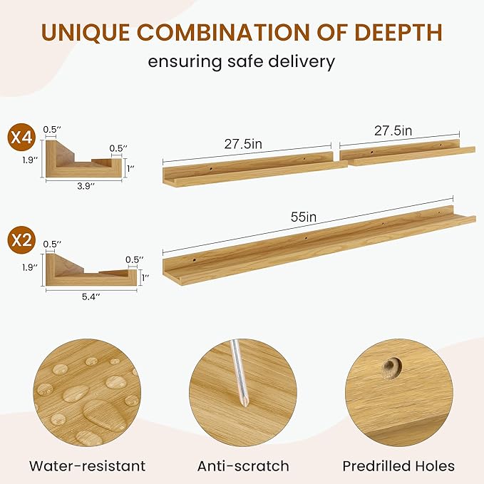 Axeman Picture Ledge Shelf, Floating Shelves for Wall Decor Storage Set of 6, 55 inch Floating Wall Mounted Shelves, Shelves with Lip for Living Room, Bedroom, Nursery, Bathroom, Kitchen, Oak