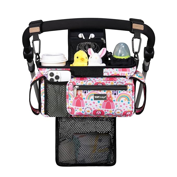 TOPDesign Universal Baby Stroller Organizer, Stroller Caddy with Detachable Mesh Bag & Heightened Insulated Cup Holders & Non-Slip Secure Hooks Accessories, Fits Most Strollers (Pumpkin Princess)