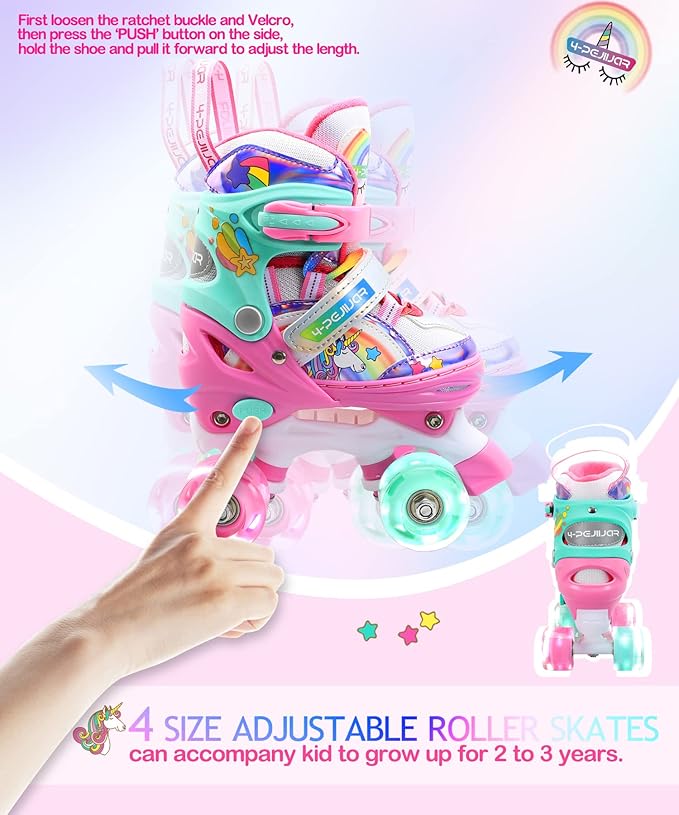 4-Pejiijar Rainbow Unicorn Kids Roller Skates for Girls Toddler Ages 2-4 5-8 8-12,Adjustable Roller Shoes with Luminous Wheels for Birthday Xmas Gifts