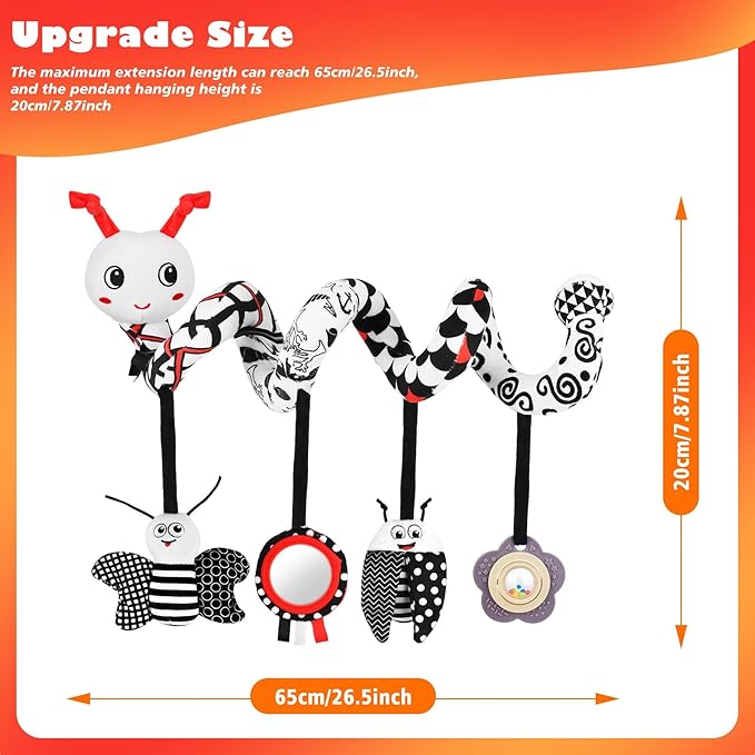 Car Seat Toys for Babies, 0-6 Months Stroller Activity Black White Baby Spiral Plush Toys Newborn High Contrast Sensory Carseat Toys with 4 Pendants Hanging Boys Girls Gift
