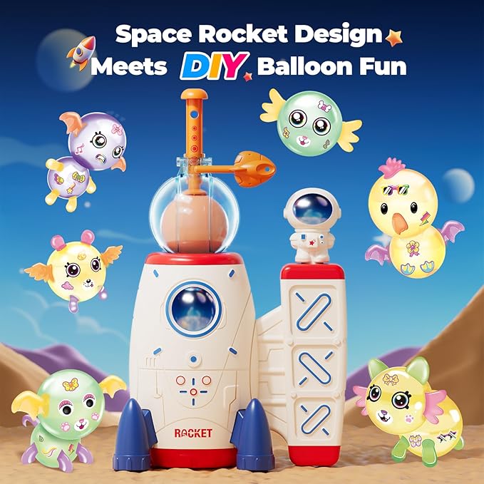 DIY Space Magic Balloon Craft Kit, Sticker Decorated Balloons Toy for Kids, Rocket Air Pump Fun with Balloon Monster Pals, DIY Creative Activity, Birthday Gifts for Girls Boys Ages 3+