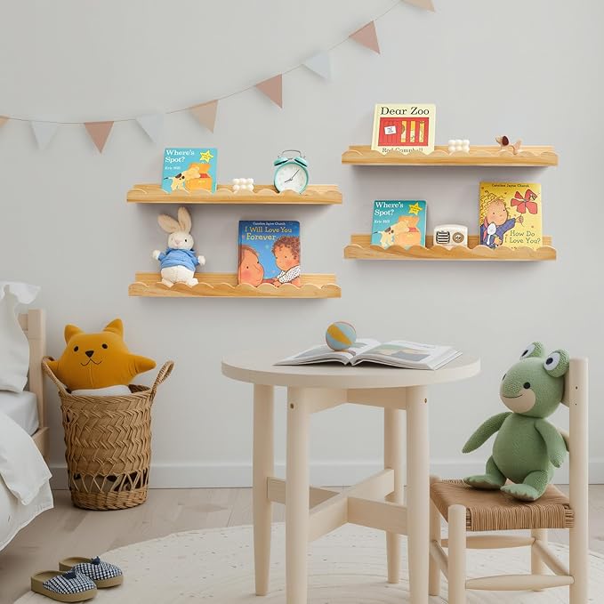 Scalloped Baby Book Shelf,Floating Shelves for Wall Set of 4 Natural Solid Pine Wood Nursery Bookshelves with Wave Lip for Bedroom Kids, Toddler Room, Baby Room, Nursery Decor(Natural,40cm)