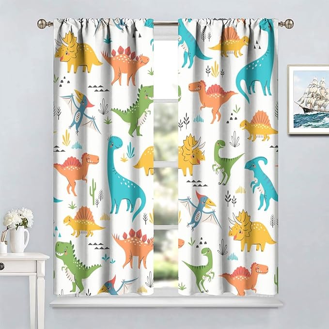 Kids Dinosaur Curtains for Boy Girl Bedroom Decor Cartoon Dino Colorful Cute Funny Animal Wildlife Printed Blackout Rod Pocket Window Drapes for Baby Nursery Playroom Living Room W31.5xL72in 2 Panels