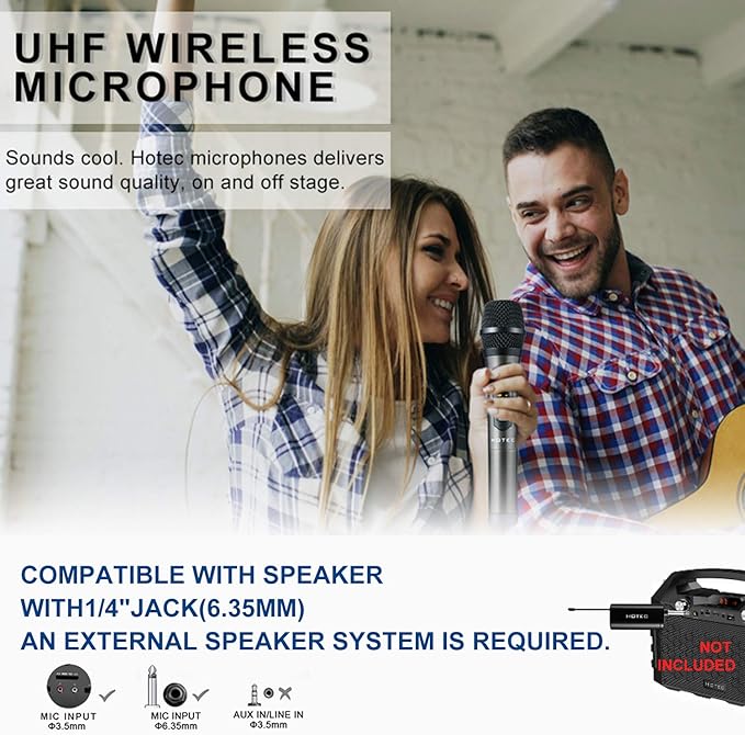 HOTEC UHF Wireless Dual Handheld Microphones with Rechargeable 1/4” Output Mini Portable Receiver for Live Performance Over PA, Mixer, Speaker (H-U26C)