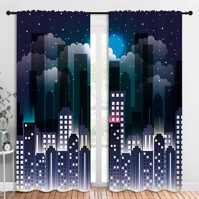 Superhero Rod Pocket Blackout Curtains for Boy Girl Bedroom, Violet Night Sky Buildings Cityscape Home Energy Efficient Light Filtering Window Curtain for Living Room,84x84 inch