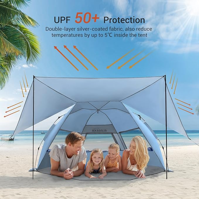 Elegear Beach Tent with Canopy, 1-Second Setup Pop Up Sun Shelter Shade, UPF 50+ UV Protection Silver-Coated Lightweight Portable Beach Cabana