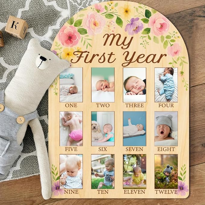 ORIGACH My First Year Baby Growth Photo Display Wood Board - 12 Months Newborn Milestones Photo Board - Neutral Baby Keepsake Board 1st Birthday Party Nursery Decor New Mom Gift - Flower