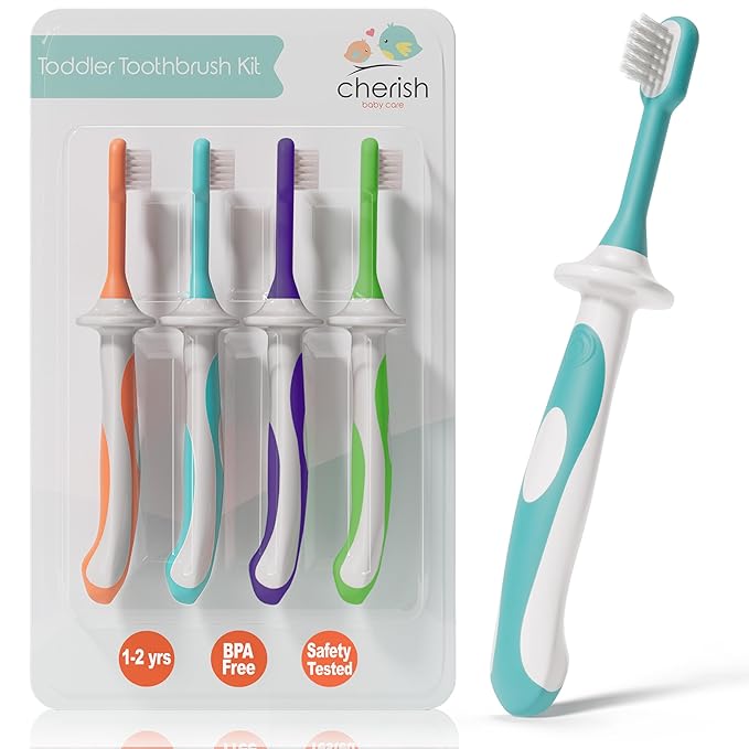 Cherish Baby Care Toddler Toothbrushes 1-2 Years (4-Pack) - BPA-Free & Safety-Tested Kids Toothbrush Kit, Designed by a Pediatric Dentist, Soft-Grip Toothbrush for Kids, My First Toothbrush Set