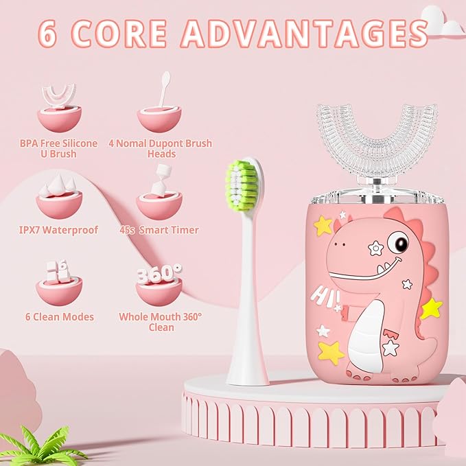 Kids Electric U Shaped Toothbrush,Kids Sonic Full Mouth Toothbrush with 4 Soft Brush Head Automatic Rechargeable 6 Cleaning Modes IPX7 Waterproof 360 Degree Cleaning - Age2-7 Pink