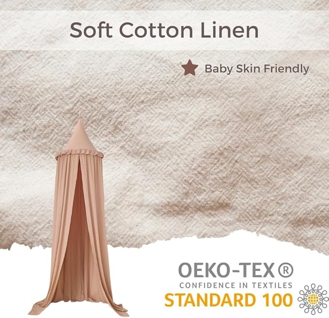 Wonder Space Kids Bed Canopy with Ruffles, Pastel Neutral Color for Boys & Girls, Frilled Cotton Tent Nursery Room Baby Crib Hanging Curtain Mosquito Netting Children Reading Nook Decoration (Nougat)