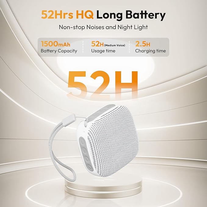 Portable Sound Machine for Travel, White Noise Sound Machine for Sleeping, 52-Hour Lasting Mini Noise Machine with 21 Quality Non-looping Sounds, Headphone Jack, Memory, Timer for Adults,Hotel (White)