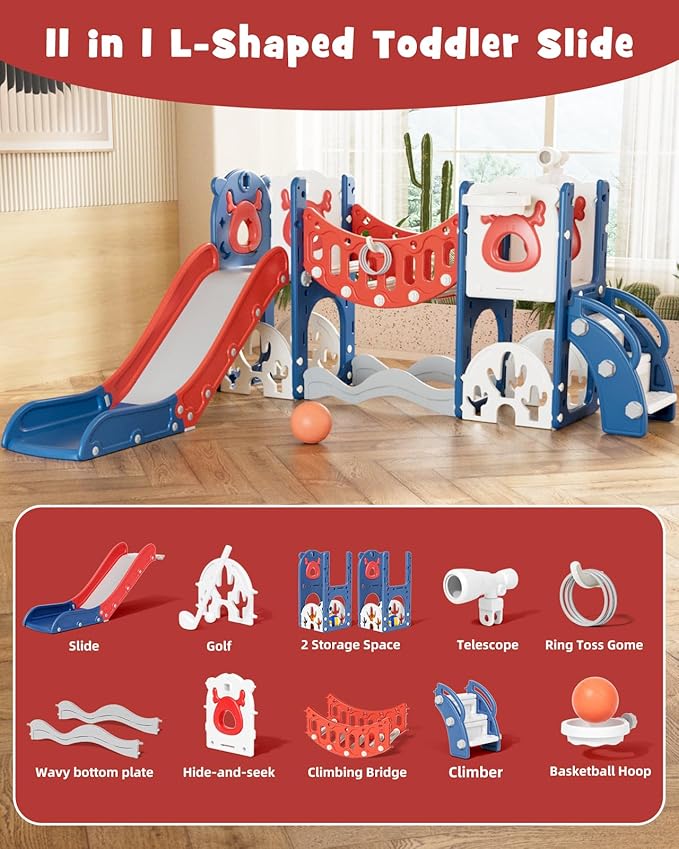 YUFU Toddler Slide Set, 11 in 1 Kids Slide for Toddlers 1-3, Toddler Playset with Climbing Bridge, Golf Set, Basketball Hoop, Indoor Outdoor Playground (Blue Red)