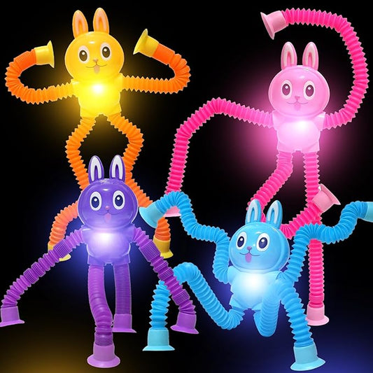 Easter Bunny LED Pop Tubes Light Up 4 Pcs Sensory Fidget Toys, Telescopic Suction Cup Easter Basket Stuffers Easter Egg Fillers Toys Party Favors Game Prizes Goody Bags Treats Gifts for Kids 3+