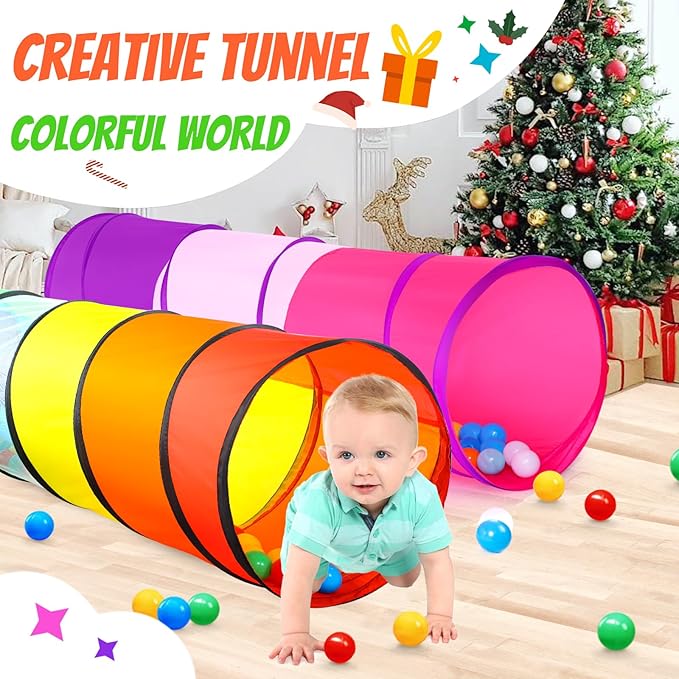Kids Play Tunnel Tent for Toddler, 2 Pack 6-ft Pop Up Crawl Tunnel Toy for Baby Children or Dog Cat, Collapsible Gift for Boy and Girl Play Tunnel Indoor Outdoor Game (Rainbow Tunnel+Pink Tunnel)