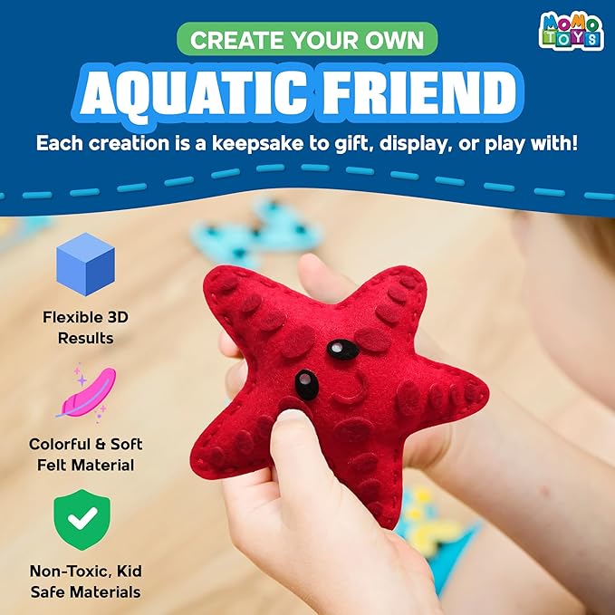 MOMOTOYS Mermaid & Sea Life Beginner Sewing Kit for Kids Ages 7+ – Includes 9 Kids Sewing Projects w/Tools & Art Supplies – DIY Felt Crafts – Girls & Boys Gifts for 7, 8, 9, 10, 11, 12 Year Old