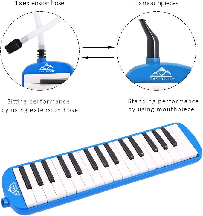 EastRock 32 Key Melodica Instrument Keyboard Soprano Piano Style with Mouthpiece Tube Sets and Carrying Bag for Beginners Adults Gift Blue