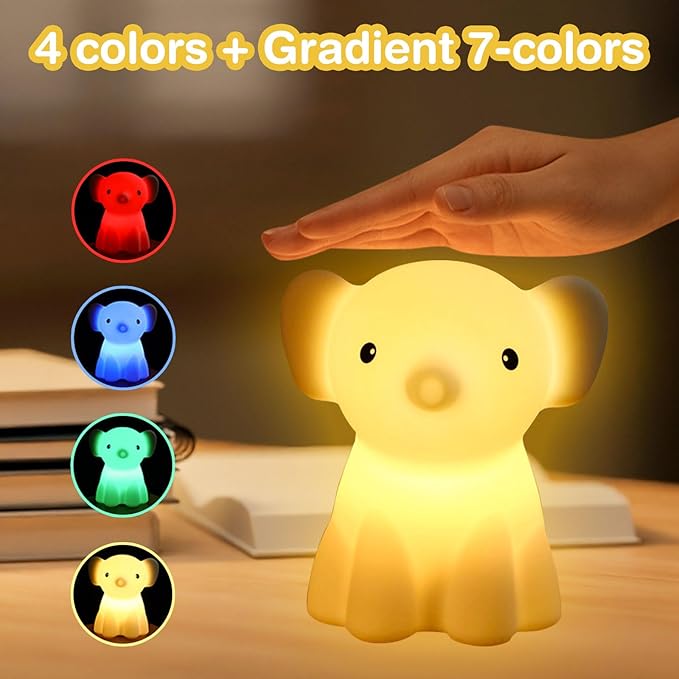 Cute Elephant Night Light for Kids, Adorable Room Decor for Boys Girls Birthday/Christmas Gifts, 5 Color, USB Rechargeable Silicone Night Lamp, Animal Lamp Gift, Safe Nursery Light for Toddlers