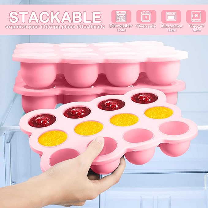 3 Pcs Baby Food Storage Container 12 Cup Silicone Baby Food Freezer Tray with Lid Stackable Reusable Silicone Baby Food Freezer Storage Tray for Food Vegetable Fruit Puree and Breast Milk (Pink)