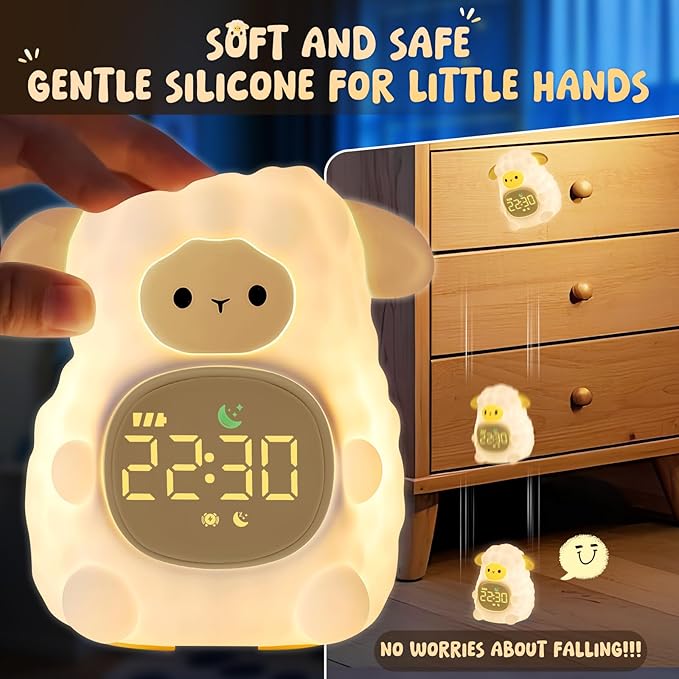 Sheep Alarm Clock with Night Light for Kids with Sleep Training and Sound Machine, Rechargeable Silicone Lamp OK to Wake Clock，Cute Animal Tabletop Lamp, Perfect Sleep Companion for Boys Girls, Khaki