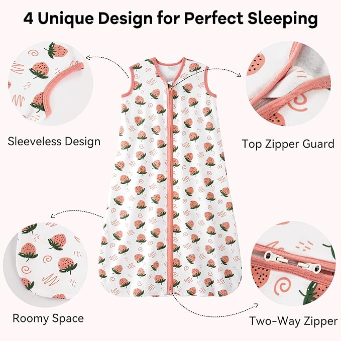 Baby Sleep Sack 6-12 Months 0.5 Tog Wearable Blanket Baby, 3 Pack 100% Cotton Lightweight Sleeping Sack with 2-Way Zipper for Newborn Infant Strawberry