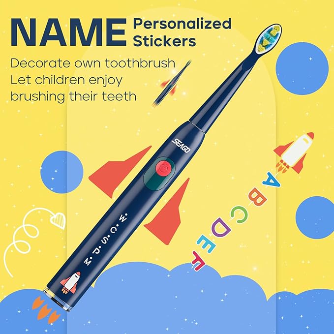 SEAGO Kids Electric Toothbrush, Rechargeable Sonic Soft Bristle Toothbrushes with 8 Brush Heads, DIY Stickers and 5 Modes, Ideal for Kids and Children, Ages 3–12，SG2303(Navy)