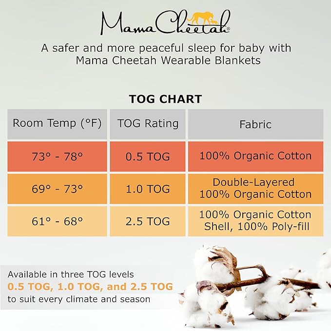 Mama Cheetah Baby Sleep Sack 2.5 TOG, Winter Baby Sleeping Bag with 2-Way Zipper, Organic Cotton Swaddle Transition Wearable Blanket for Boy Girl Infant Toddler, 12-18 Months, 1-Pack