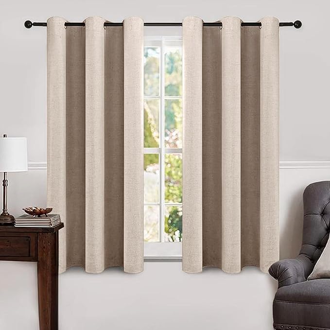 MIULEE Linen Texture Curtains Soild 100% Blackout Thermal Insulated Natural Beige Curtains Grommet Room Darkening Drapes for Living Room Bedroom Nursery 42 x 63 (2 Panels)