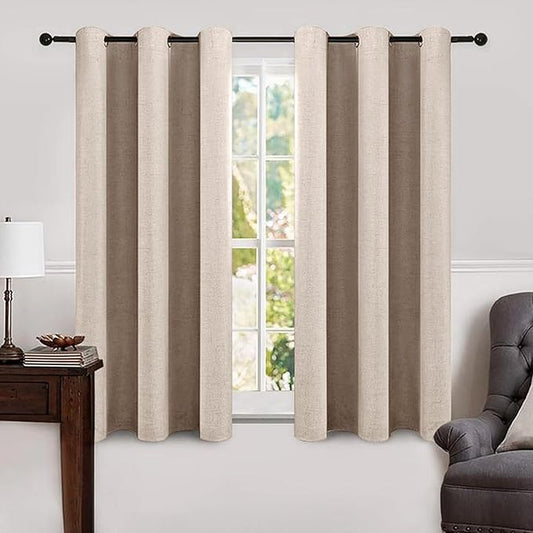 MIULEE Linen Texture Curtains Soild 100% Blackout Thermal Insulated Natural Beige Curtains Grommet Room Darkening Drapes for Living Room Bedroom Nursery 42 x 63 (2 Panels)