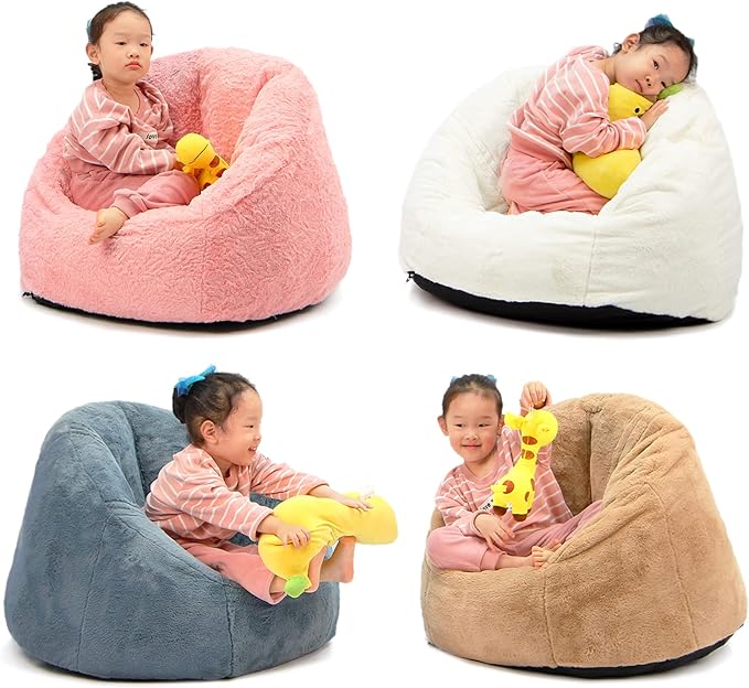 N&V Small Bean Bag Chair for Kids, Children Mini Bean Bag Sack, Foam Filling, Includes Removable and Machine Washable Cover, 27in, Soft Faux Fur (White)