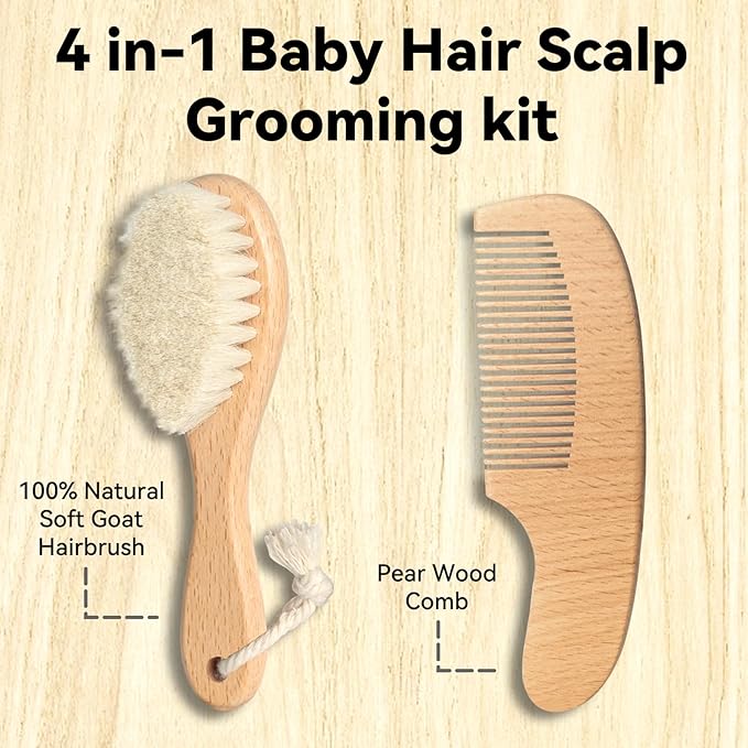 Goat Baby Hair Brush Set, Safe Natural Hair Care Kit with Wooden Soft Goat Bristles Brush Comb Pink Silicone Bath Brush for Newborns Toddlers (4pcs Set)