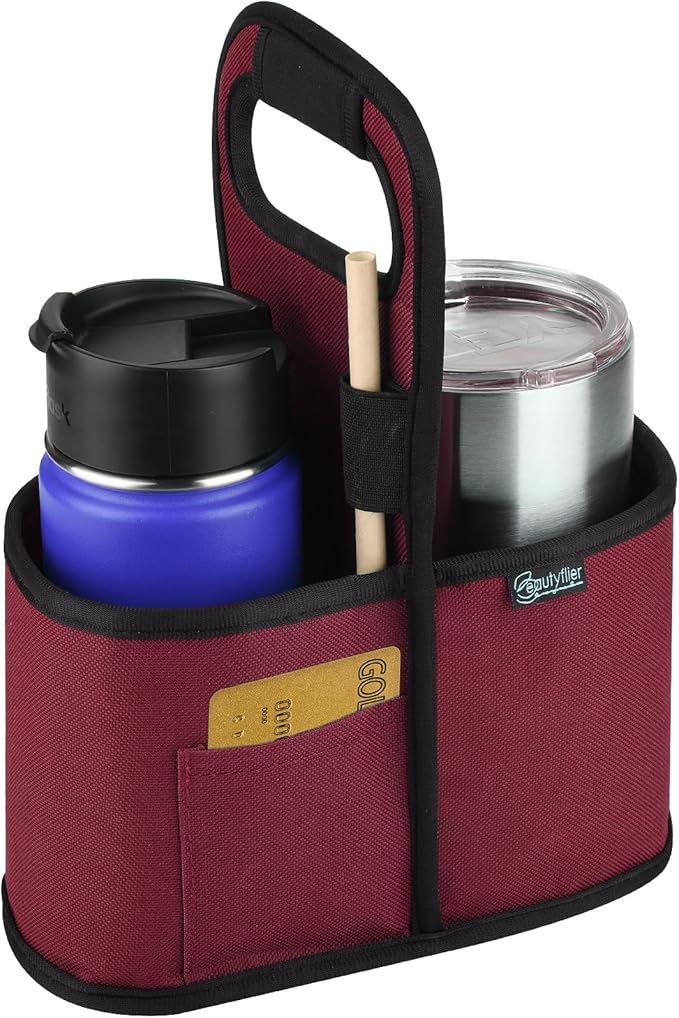 Beautyflier Drink Carrier with Handle for Delivery Reusable Insulated Coffee Cup Carrier Portable 2 Cup Holder with Handle Organizer Tote Bag for Hot & Cold Drinks, Red