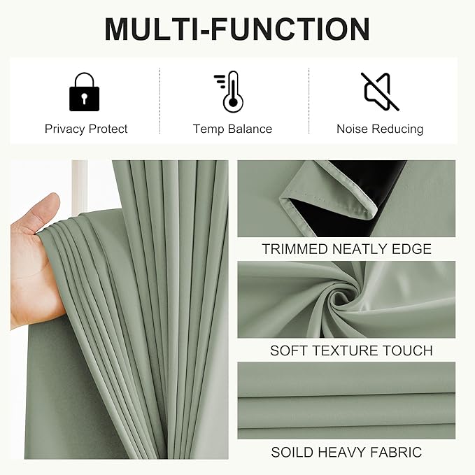NICETOWN Sage Green Curtains 52 x 84 inches Long, 100% Blackout Curtains Set of 2 Panels Thermal Insulated Privacy Window Curtains for Bedroom Living Room
