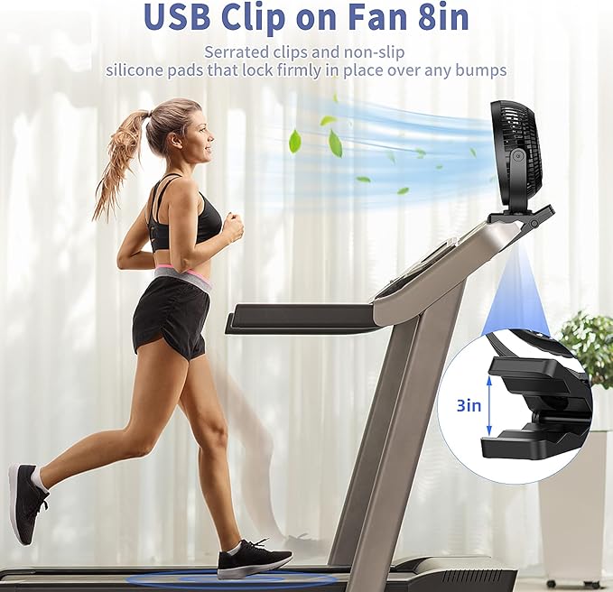 ATEngeus USB Desk Fan, Rechargeable Portable Fan, 8-Inch Clip on Fan, 10000mAh Stroller Fan, 4 Speeds Strong Airflow, 720° Rotation, with Sturdy Clamp, Suitable for home, office and stroller