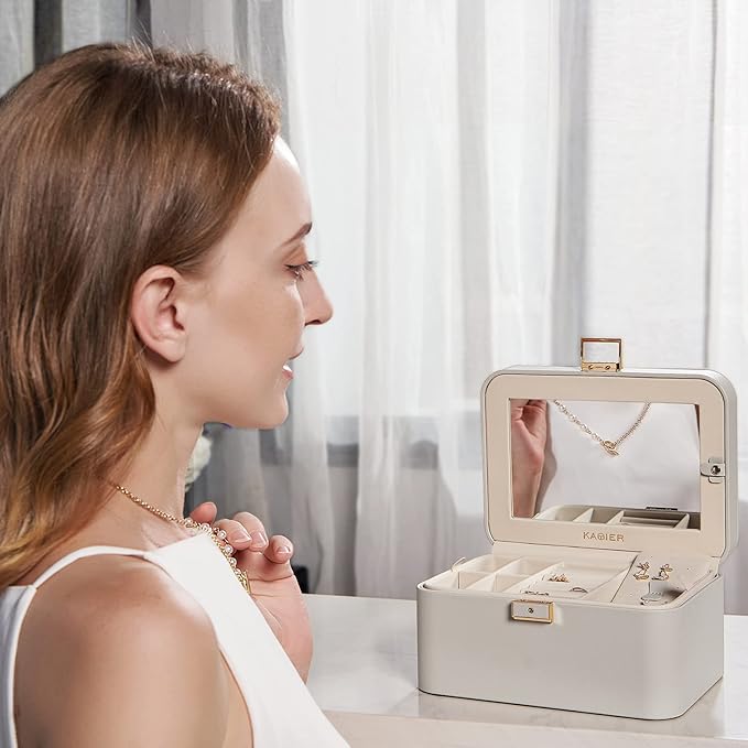 KAMIER Jewelry Box, 2 Layers PU Leather Jewelry Organizer Box, Large Capacity, Double Lock and Large Mirror, Hidden Necklace Hooks, Removable Dividers, Grey