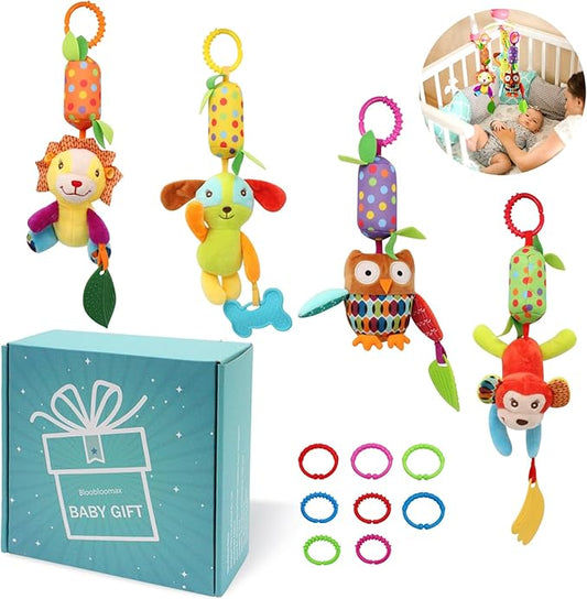 Bloobloomax Baby Soft Hanging Rattle, Car Seat Stroller Toys with Plush Animal C-Clip Ring for Infant Babies Boys and Girls 3 6 9 to 12 Months (12PCS-A)