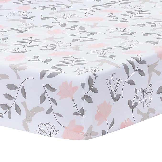 Lambs & Ivy Petals Gray/Pink Sateen Cotton Floral 3-Piece Baby Crib Bedding Set