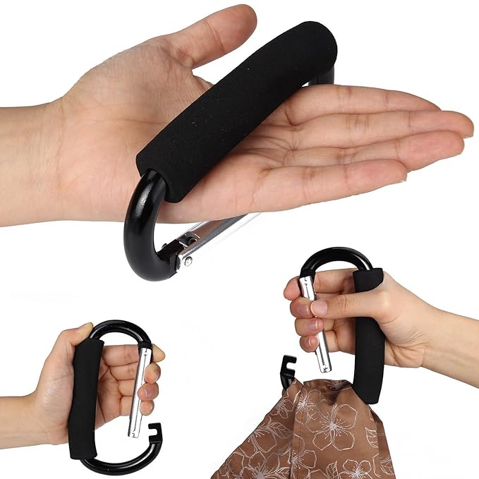 Large Stroller Hooks for Mommy, 2 pcs Carabiner Stroller Hook Organizer for Hanging Purses, Diaper Bag, Shopping Bags. Clip Fits Single/Twin Travel Systems, Car Seats (Black+Rose)