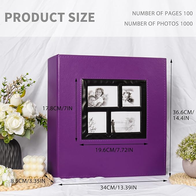 RECUTMS Photo Album 4x6 1000 Pockets Photos, Extra Large Capacity Family Wedding Picture Albums Holds 1000 Horizontal and Vertical Photos (Purple)
