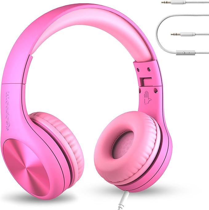 LilGadgets Connect+Wired Kids Headphones for School with Microphone, Volume Limiting & Noise Reduction Over-Ear Headset with Cord, SharePort Technology & SoftTouch Padding, Pink - Kid Headphones