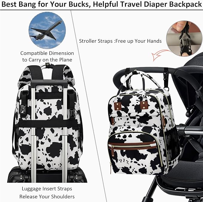 Diaper Bag Backpack for Women with Changing Pad, Baby Bag with Insulated Pockets Multifunctional Diaper Bags For Baby Girl Boy Waterproof Baby Bags For Boys Girls Maternity Bag Cow Print