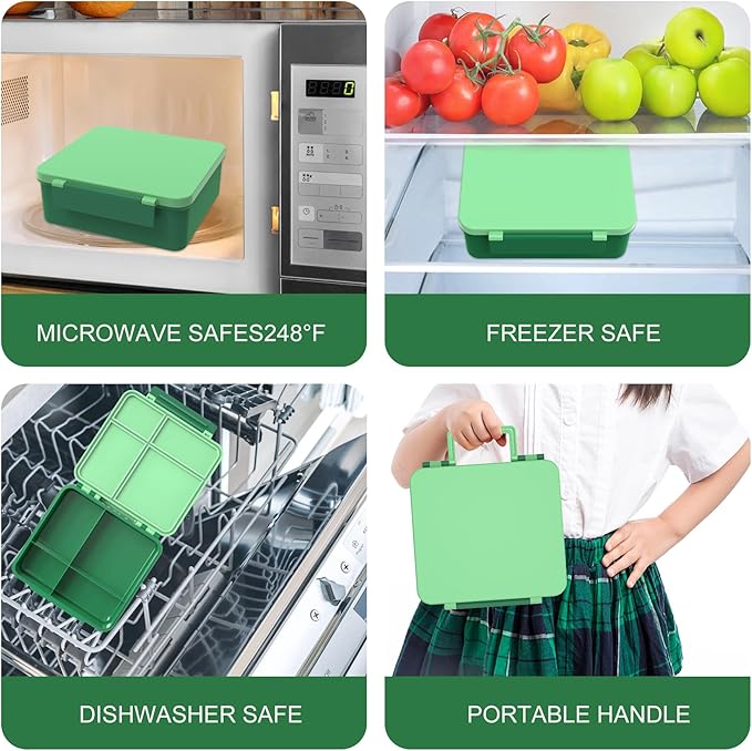 Bento Lunch Box with 8oz Soup Thermo, Kids Leakproof Lunch Food Containers with 4 Compartment, Kids Thermo Insulated Hot Food Jar for School, Trvael-Green