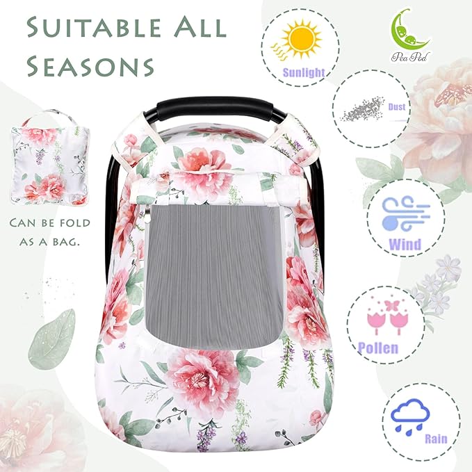 Baby Carseat Cover Girls, Pea Pod Floral Infant Car Seat Covers Canopy for Newborn with 2 Layers Windows of Breathable Mesh/Fabric, Lightweight Polyester/Minky Dot Backing, Snug Fit Most Baby Car Seat