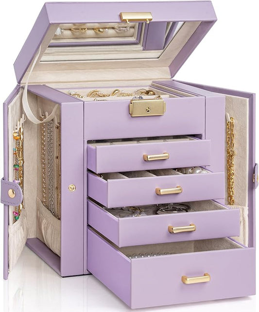AKOZLIN 5-Tier Jewelry Box Leather Jewelry Storage Organizer with 4 Drawers Lockable for Women Girls Ring Necklace Earring Bracelet Watches Holder with Mirror Purple