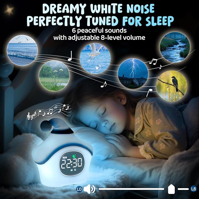 Star Alarm Clock with Night Light for Kids with Sleep Training and Sound Machine, Rechargeable Silicone Lamp OK to Wake Clock, Cute Animal Tabletop Lamp, Perfect Sleep Companion for Boys Girls, Blue