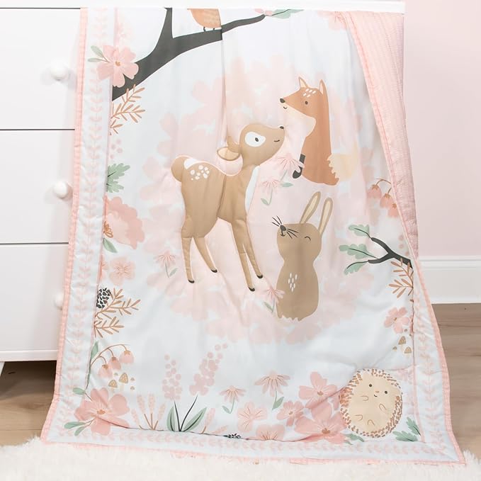 The Peanutshell 3 Piece Baby Crib Bedding Set for Girls - Newborn, Infant & Toddler Nursery Bed Set Decor with Fitted Crib Sheet, Dust Ruffle Comforter - Fairytale Forest