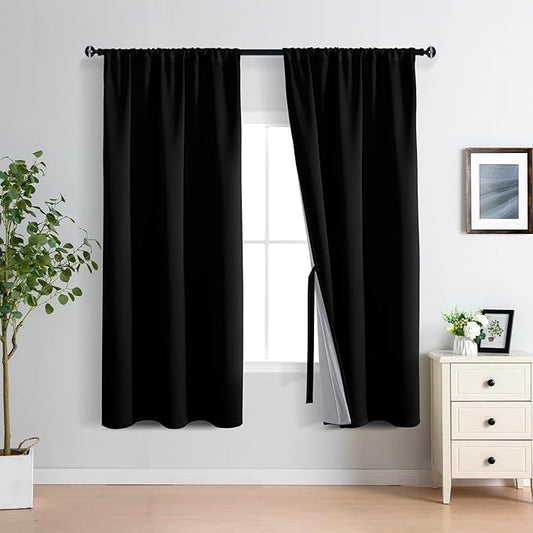 XWZO Complete Blackout Window Curtain Panels with Tiebacks- Noise Reduction and Light Blocking Rod Pocket Curtains with Black Liner for Studio, Basement Room, Black, W42 x L72, Set of 2