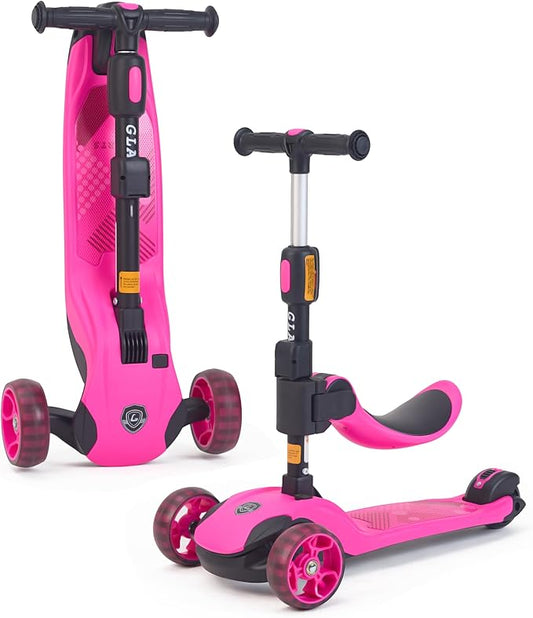 GLAMUP Kids Scooter, 2-in-1 Folding Kick Scooters, Adjustable Height, Safety Lock, 3 Wheel Kick Scooter for Boys and Girls Ages 3-14