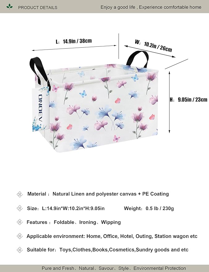 Rectangular Folding Laundry Basket,waterproof Canvas Basket,gift basket,Suitable for children's room,Office,Clothes,Toys Storage(Watermark flower)